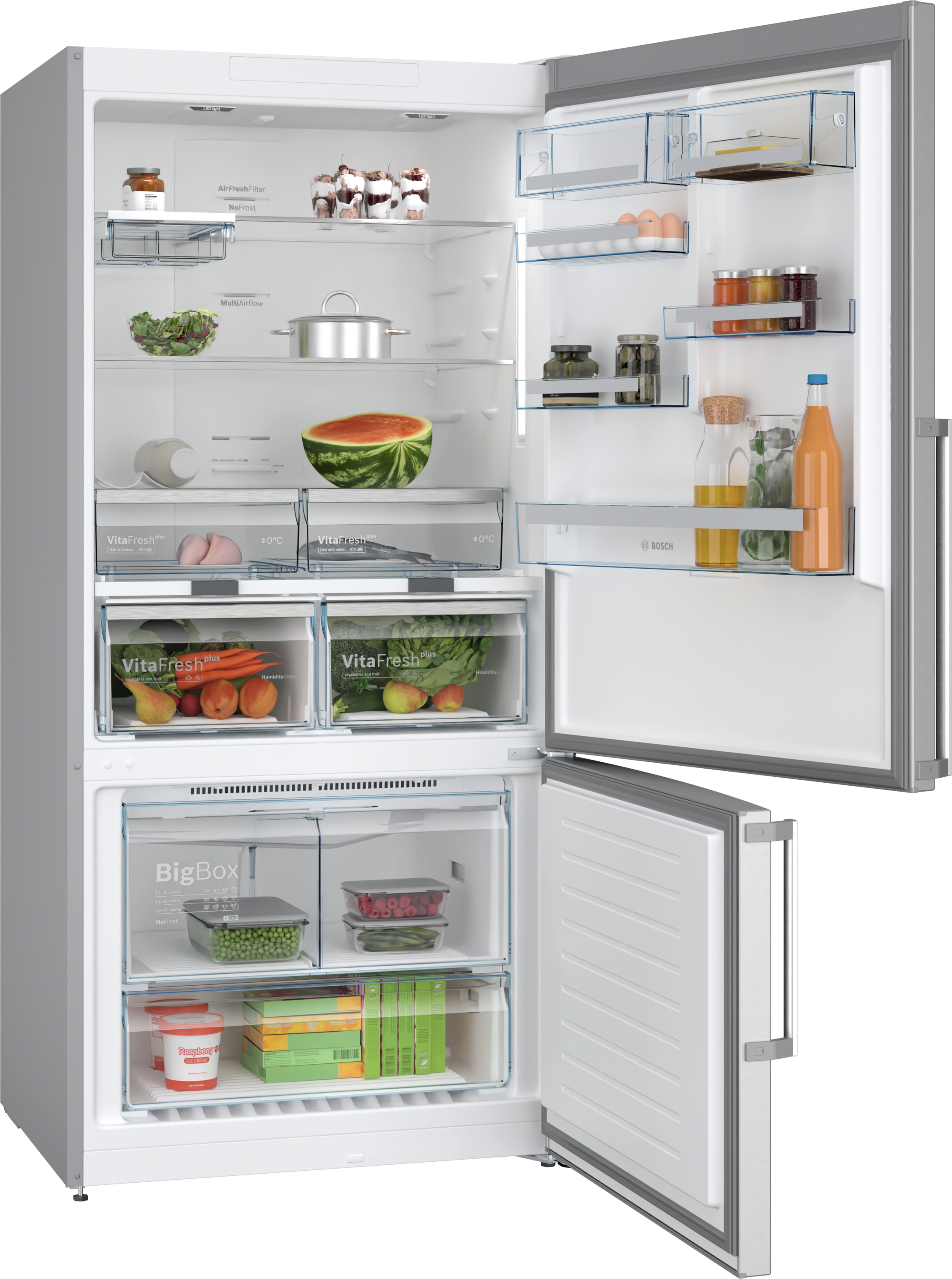 Ein Kühlschrank ist geöffnet und zeigt Lebensmittel. Silber außen, weiß innen.