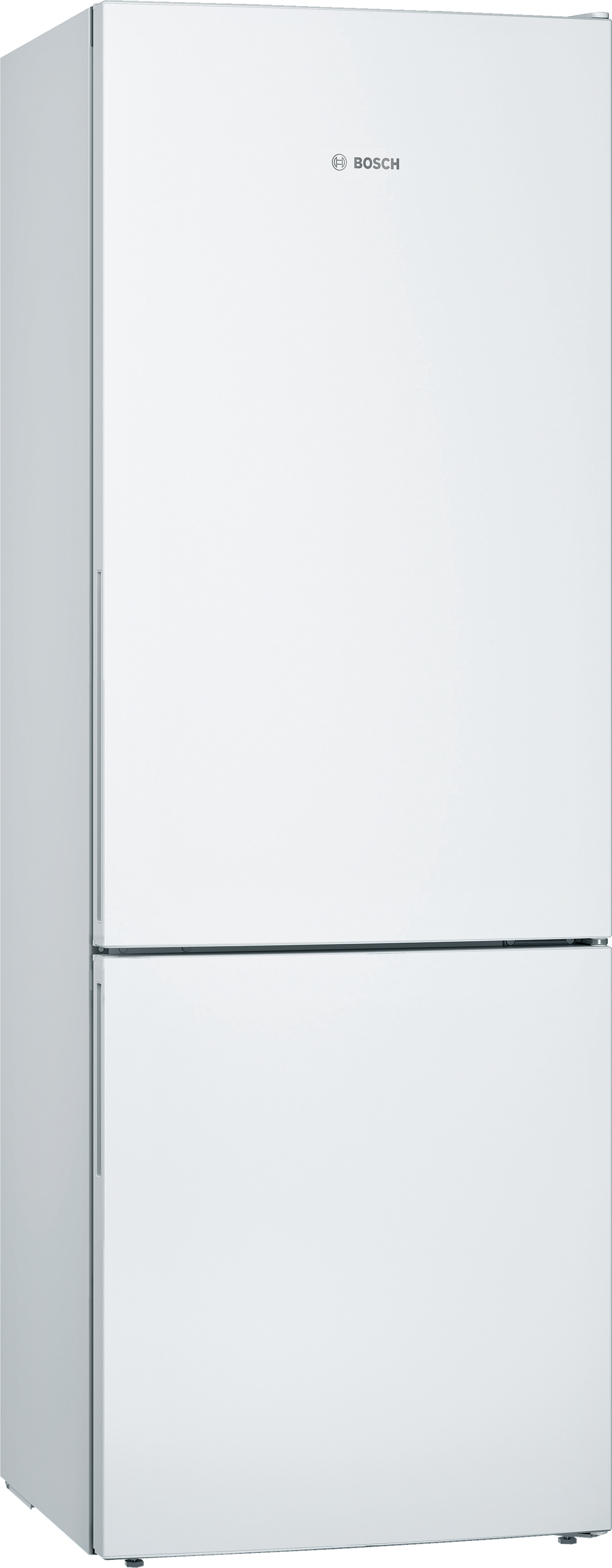 Weißer Bosch Kühlschrank mit oberen und unteren Türen. Bosch-Logo oben.