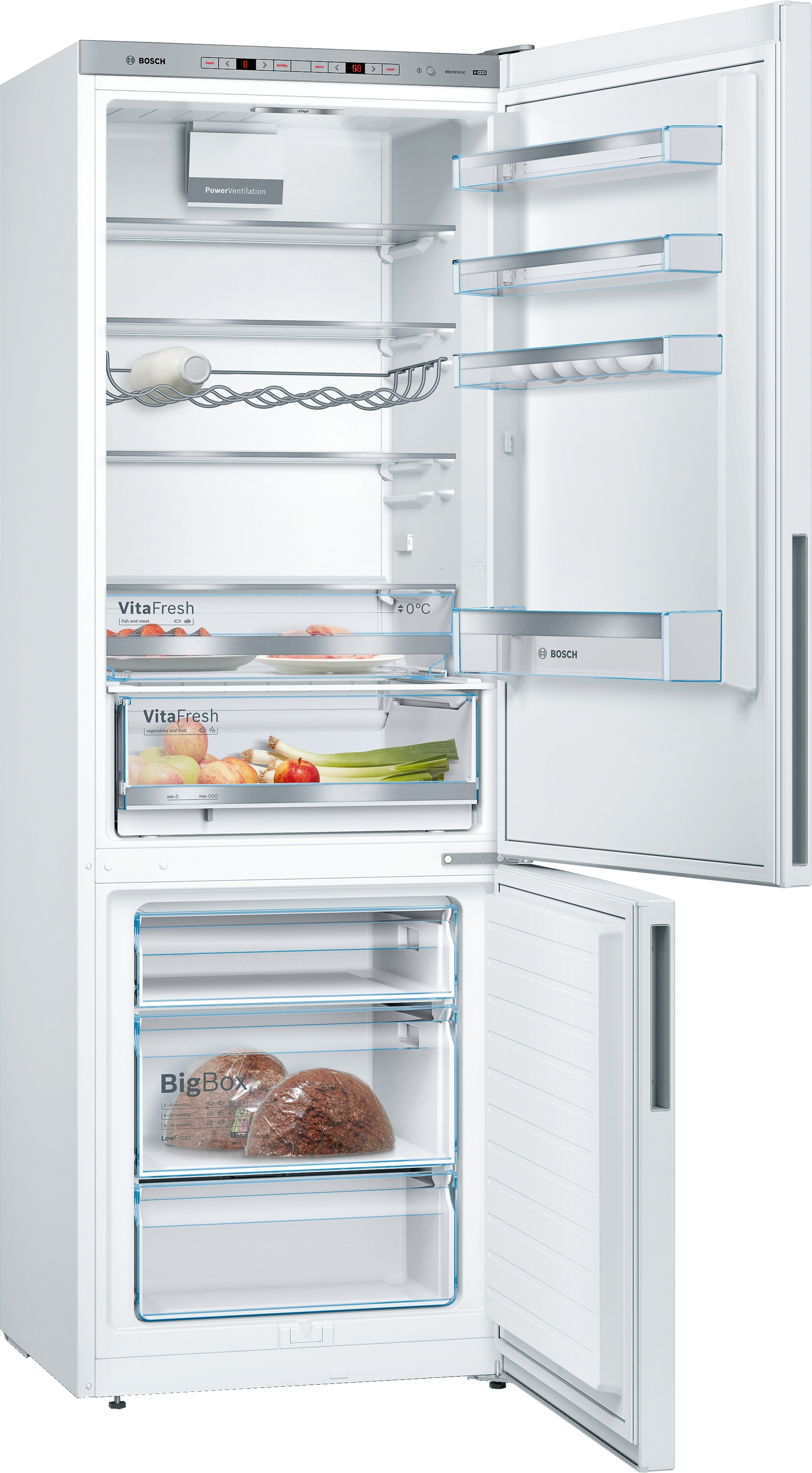 Offener Kühlschrank mit Lebensmitteln und Schubladen. Obst, Gemüse und Gläser sind sichtbar.