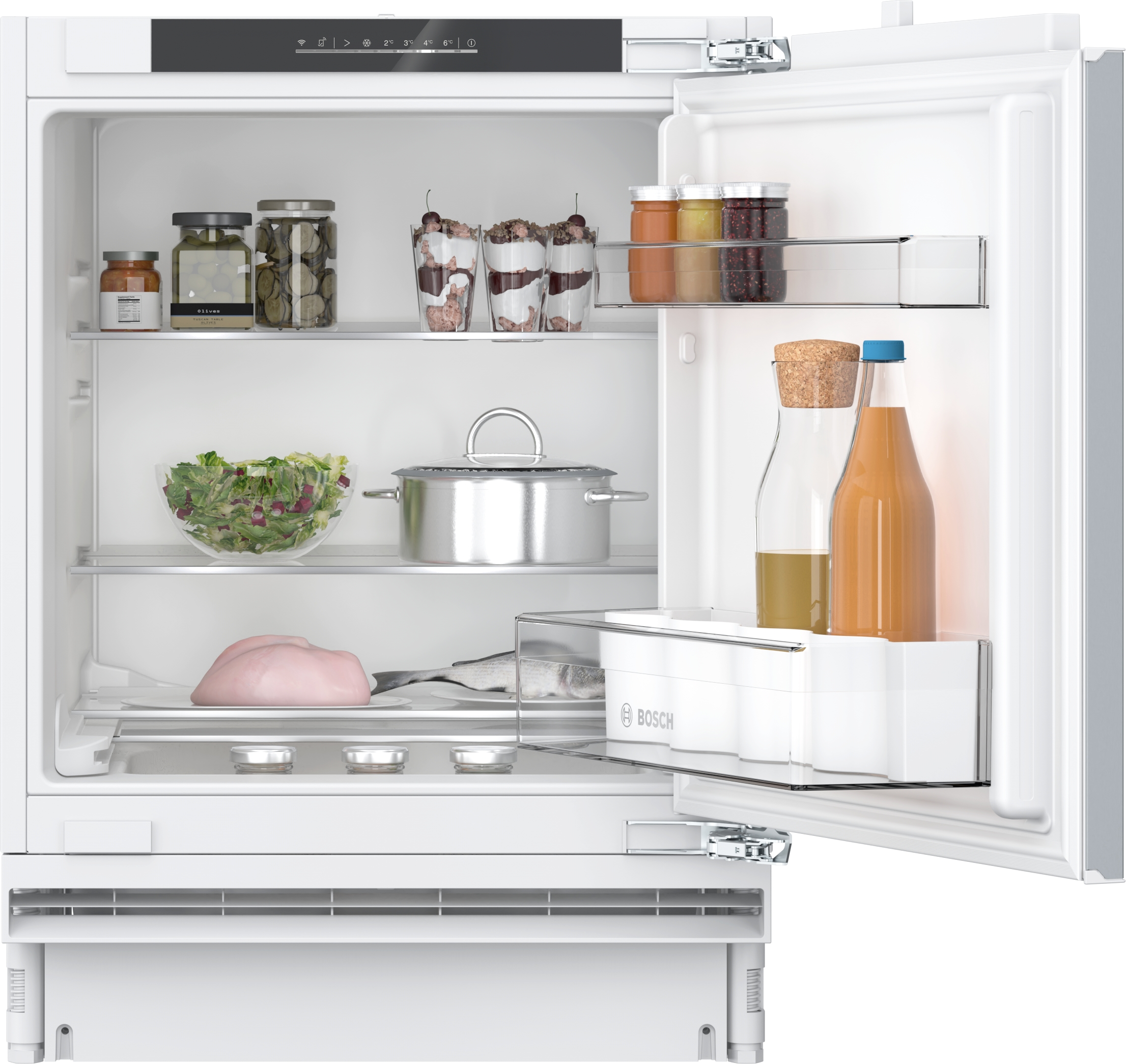 Ein weißer Bosch Kühlschrank mit offener Tür, zeigt Lebensmittel auf Regalen und Schubladen.