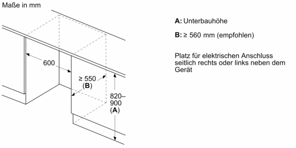 Diagramm, das den Platz unter der Theke mit Abmessungen in mm zeigt.