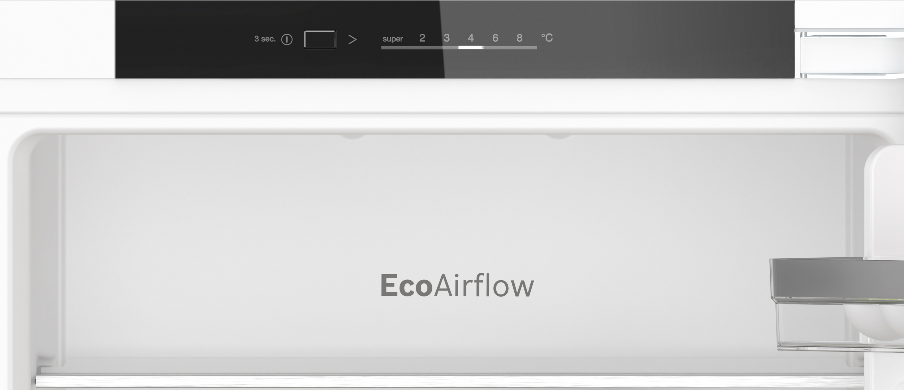 Kühlschrankinnenraum mit EcoAirflow-Etikett und Temperaturregelung oben.