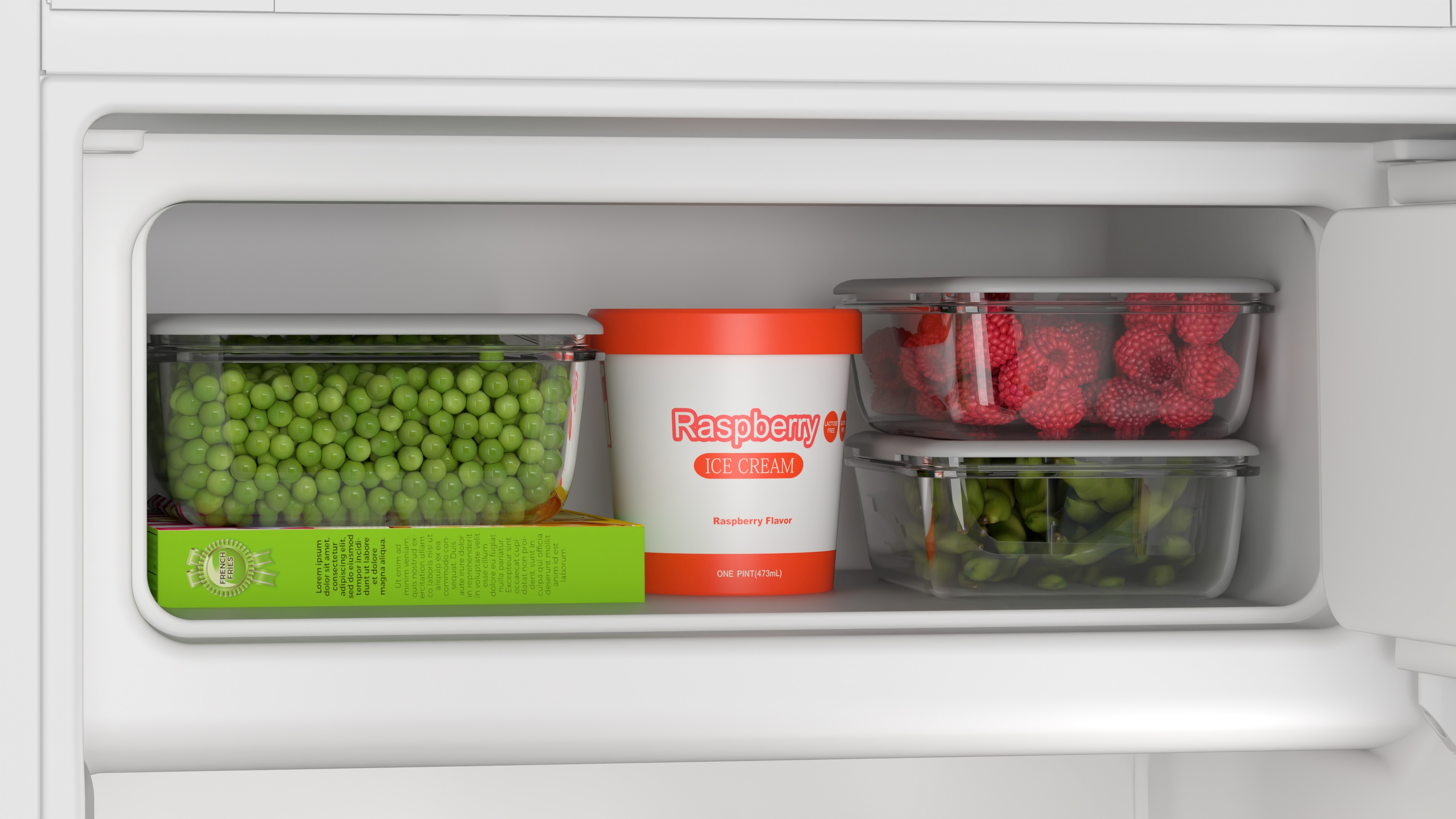 Geöffneter Kühlschrank mit Lebensmitteln in Behältern. Erbsen, Eis, Himbeeren und Edamame.