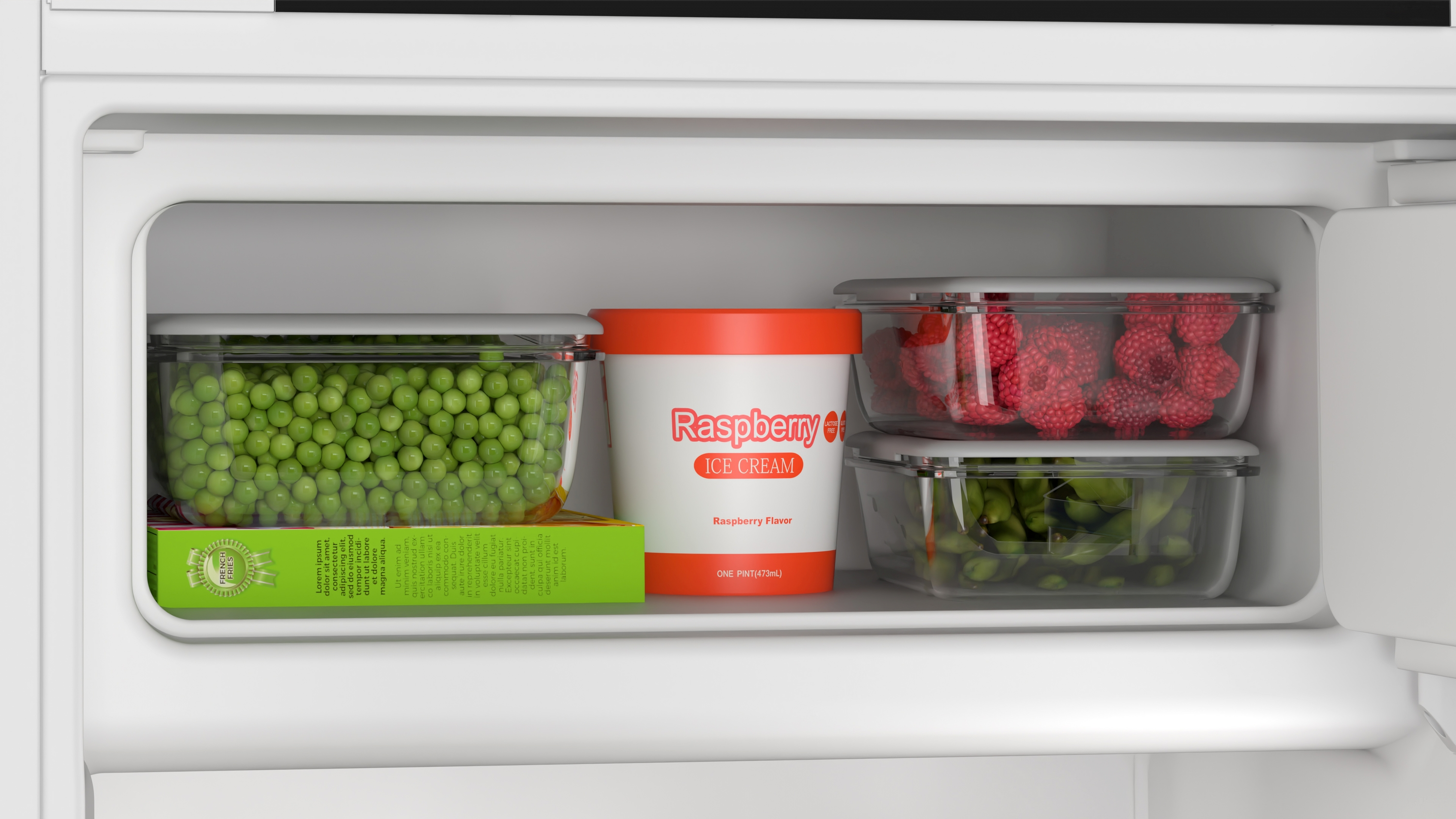 Im Kühlschrank: Erbsen, Himbeereis und Himbeeren in Behältern.