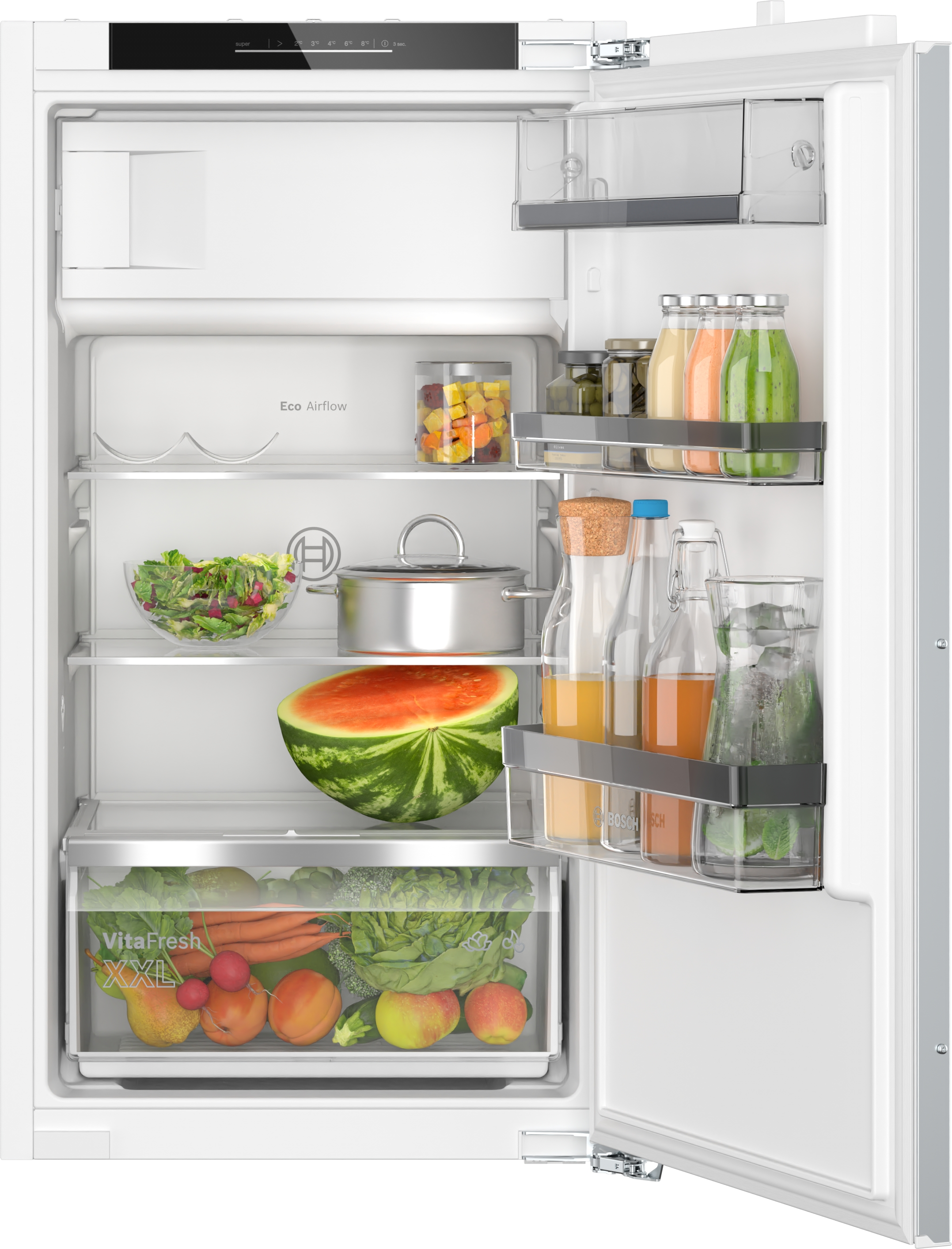 Offener weißer Bosch Kühlschrank. Enthält Regale, Gemüse, Obst und Getränke. Modernes Design.