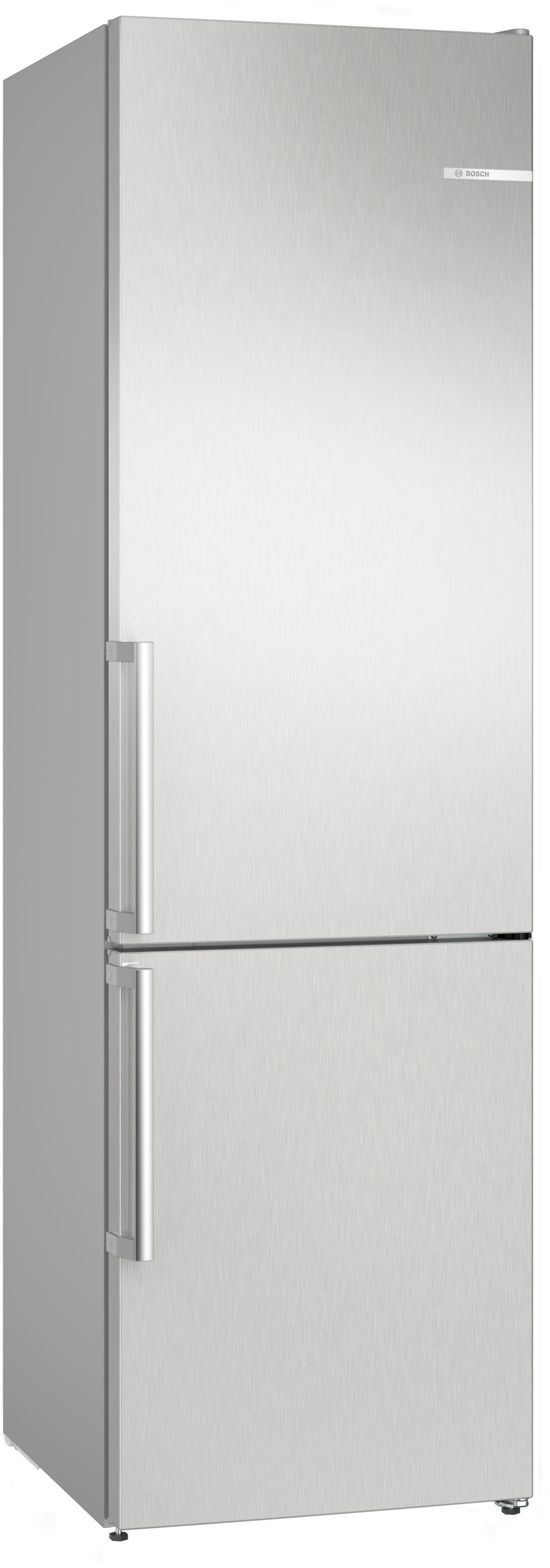 Edelstahlkühlschrank, zwei Türen. Griff an jeder Tür. Sauber und modern.