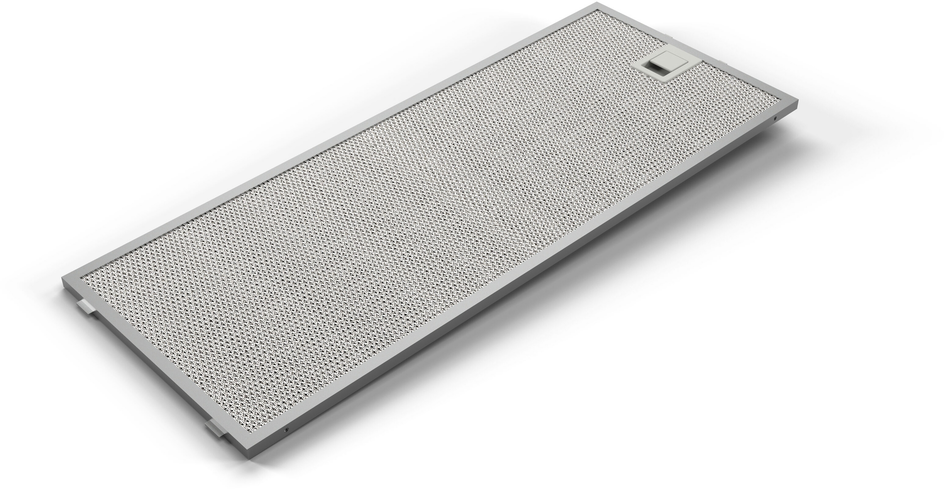 Rechteckiger Filter mit perforierter Metalloberfläche und silbernem Rahmen.