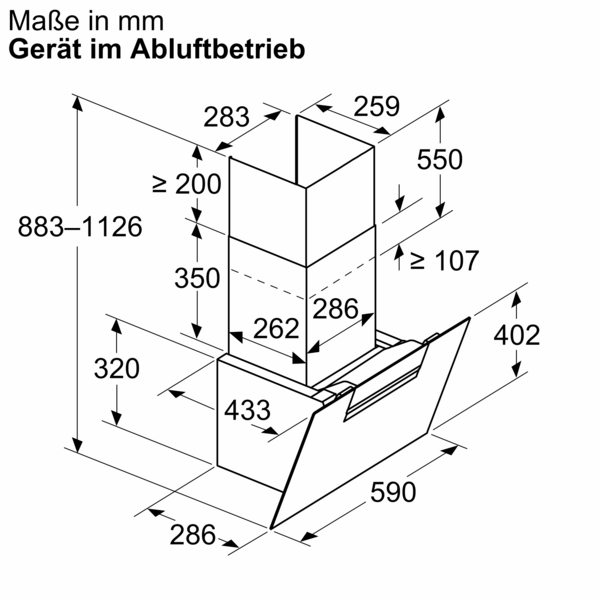 Diagramm, das die Abmessungen einer Dunstabzugshaube zeigt. Die Maße sind in Millimetern angegeben. Detaillierte Ansicht.