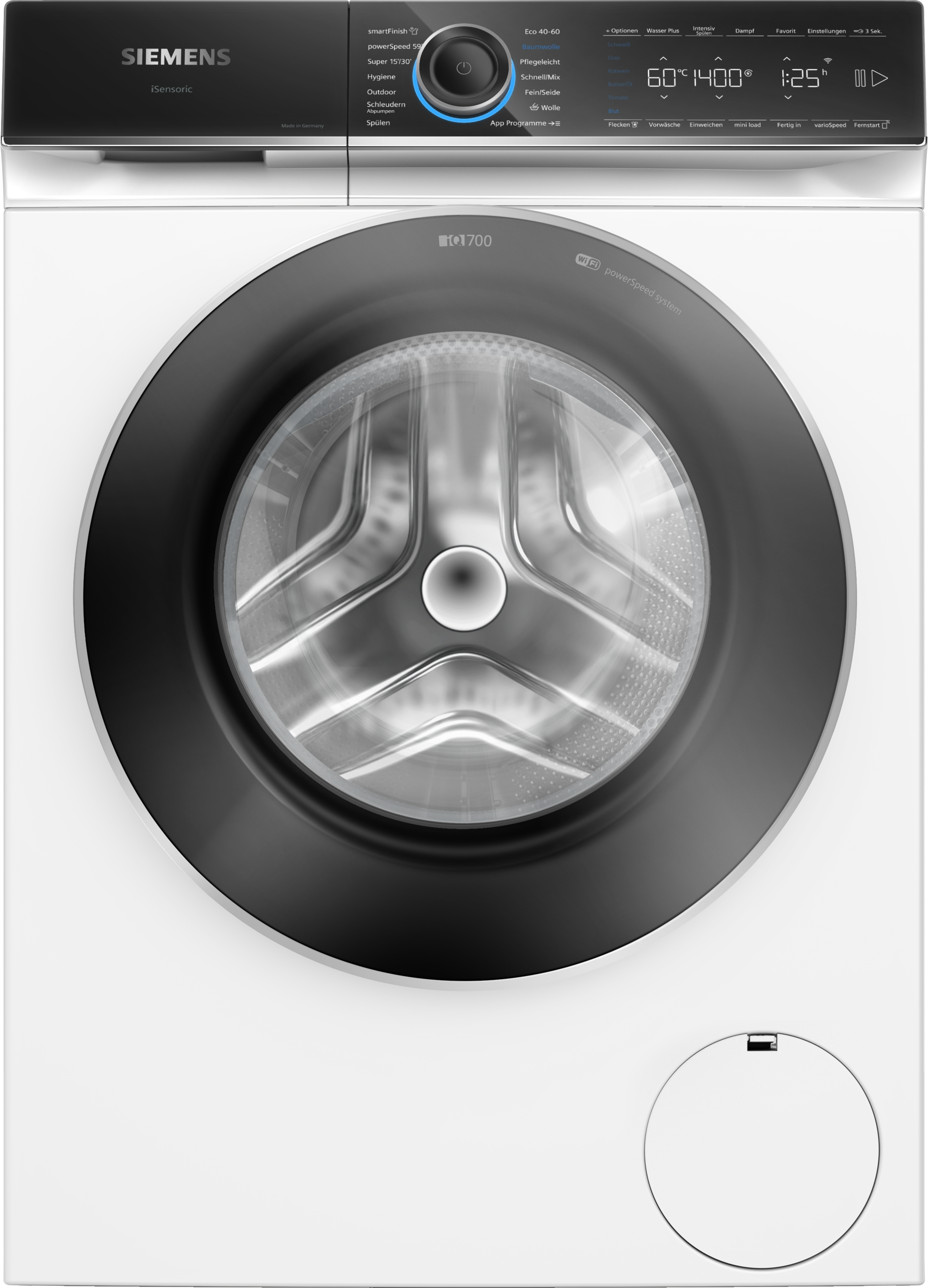 Eine weiße Siemens Waschmaschine mit schwarzer Tür und Bedienfeld oben.
