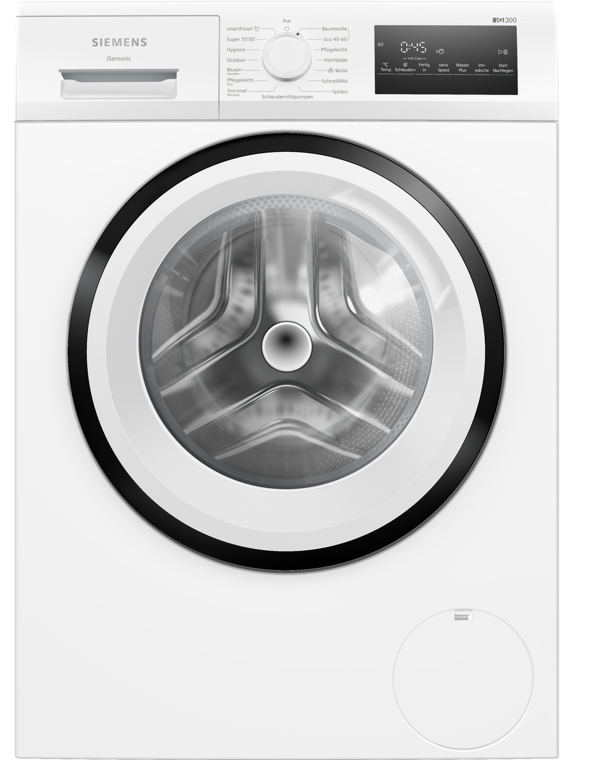 Weiße Waschmaschine mit schwarzer Tür und Bedienfeld.