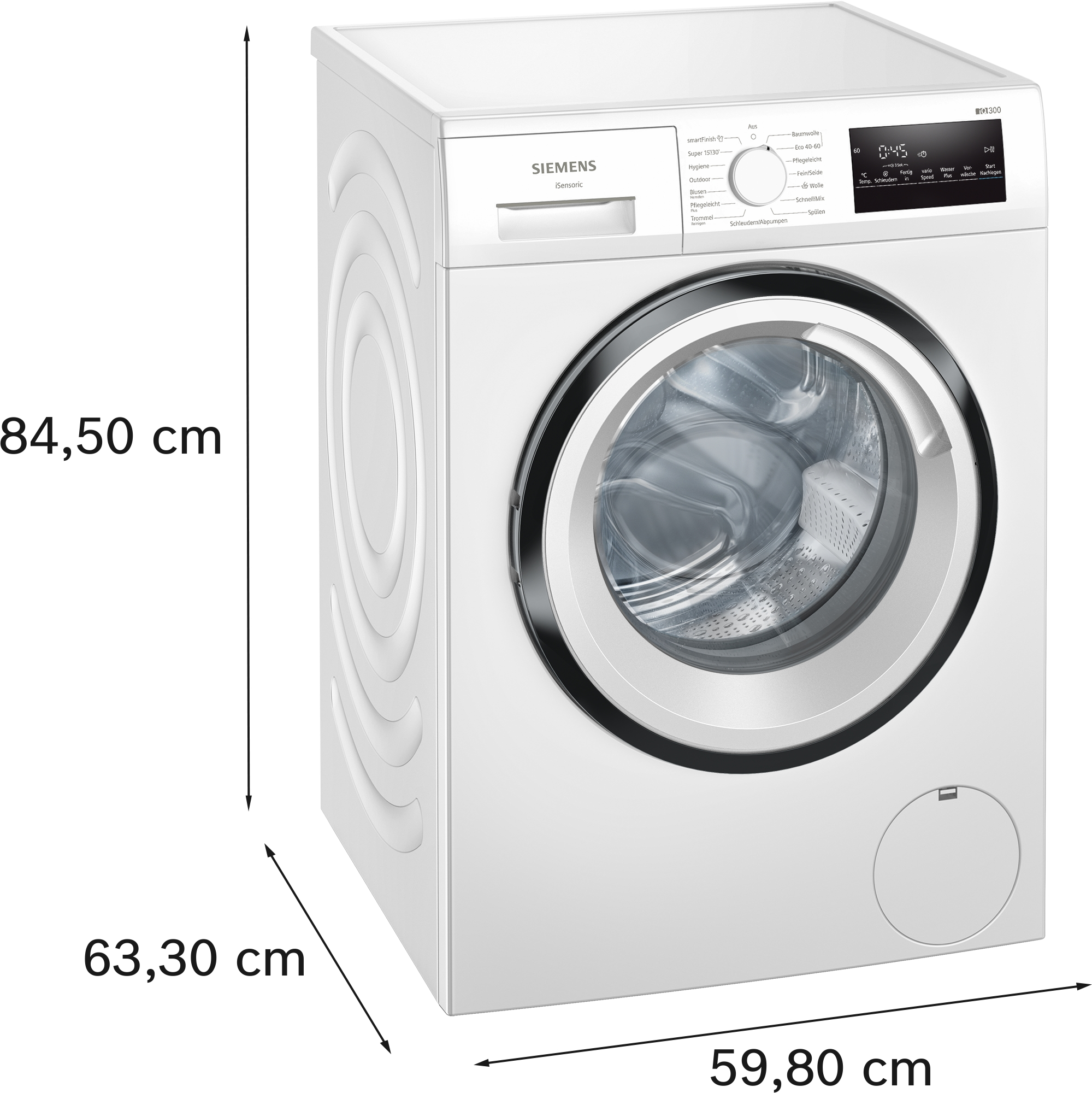 Weiße Waschmaschine mit den Maßen 84,50 cm, 63,30 cm und 59,80 cm. Die Maschine steht auf weißem Hintergrund.