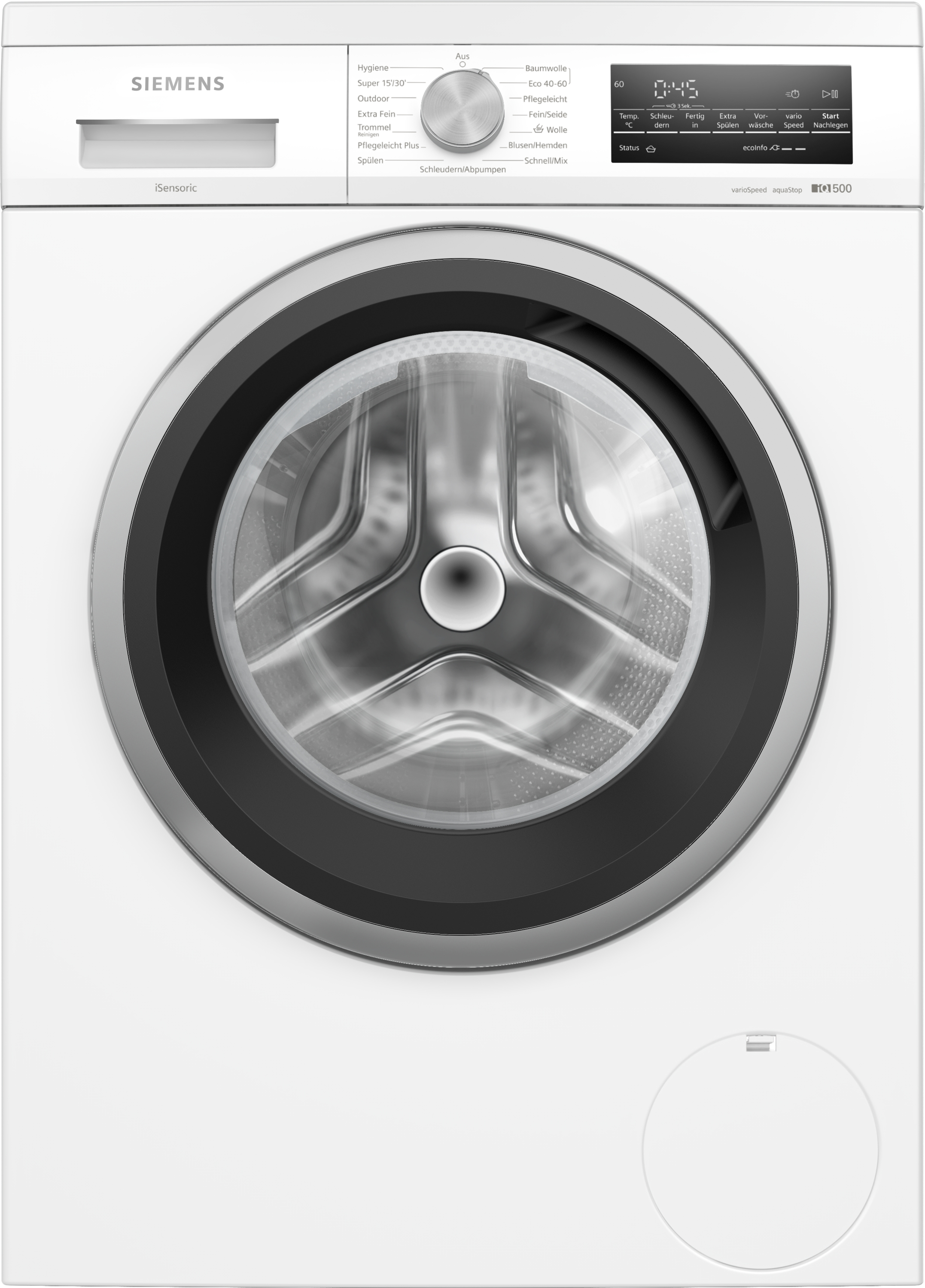 Weiße Waschmaschine mit Bedienfeld und Tür.