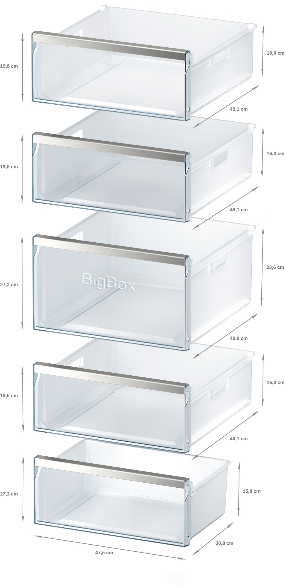 Transparente Kühlschubladen mit Maßen, vertikal angeordnet.