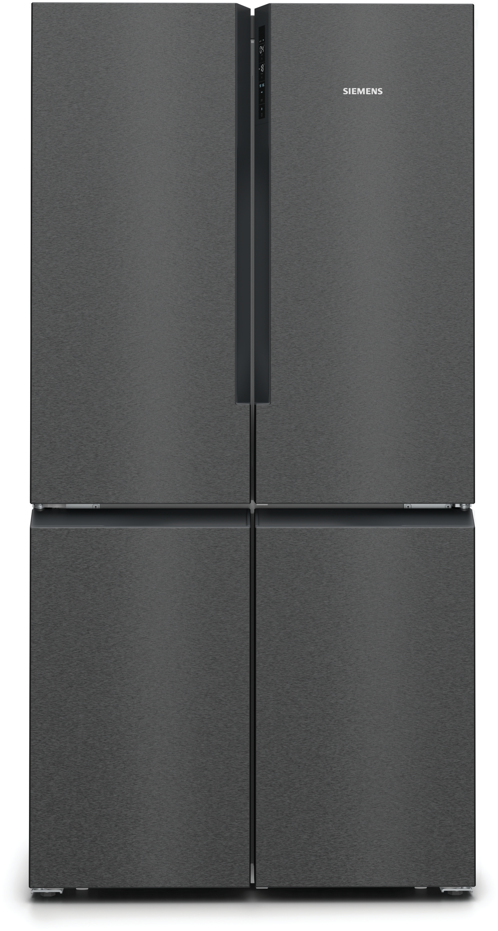 Dunkelgrauer Siemens-Kühlschrank mit vier Türen. Modernes Design, hohes Gerät.