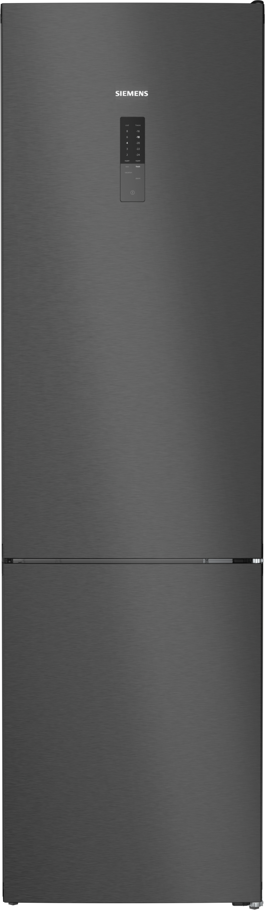 Ein dunkelgrauer Kühlschrank mit zwei Türen. Siemens-Logo.