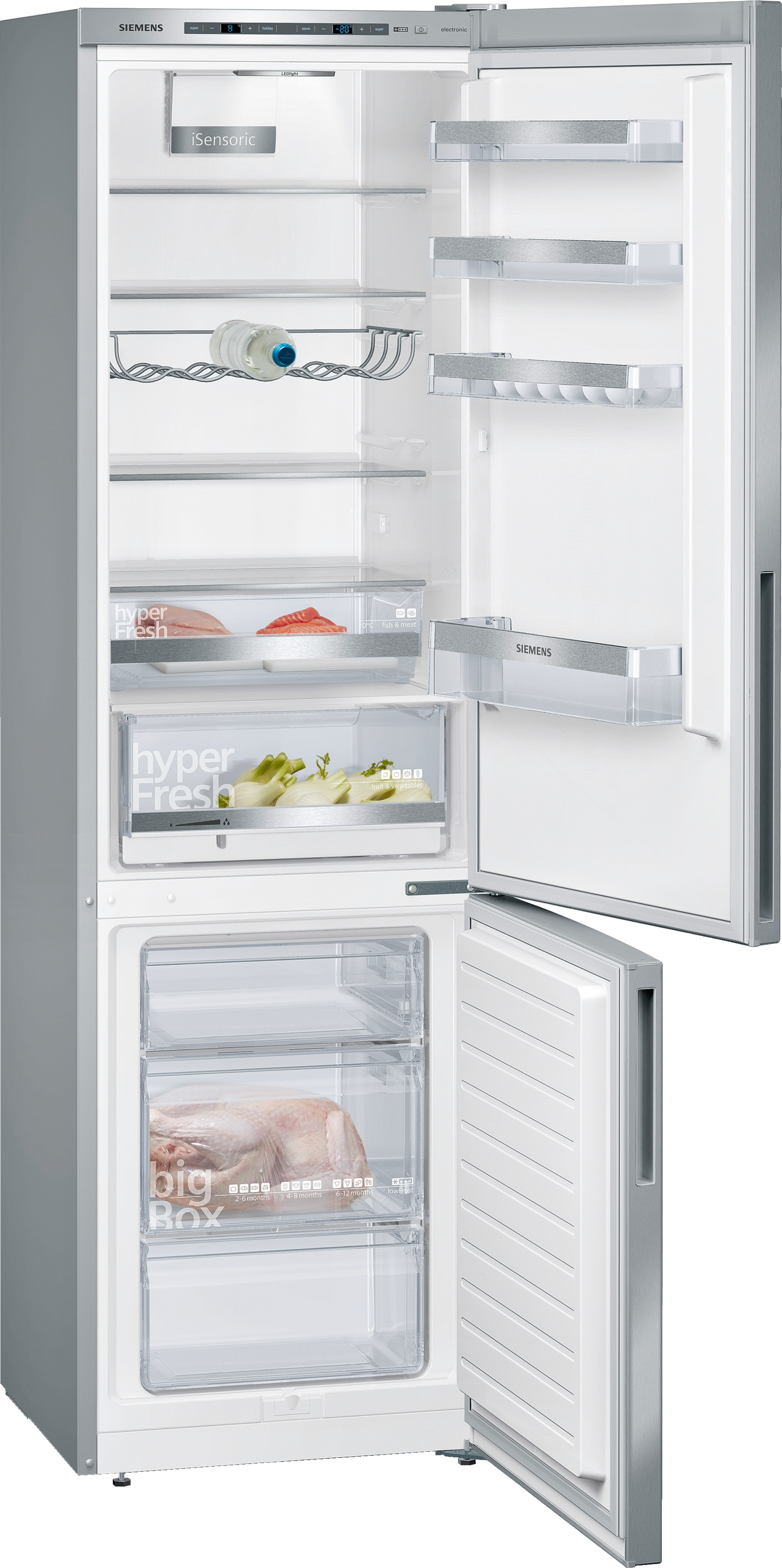 Ein Kühlschrank mit offener Tür, der Regale, Schubladen und Tiefkühlkost zeigt.