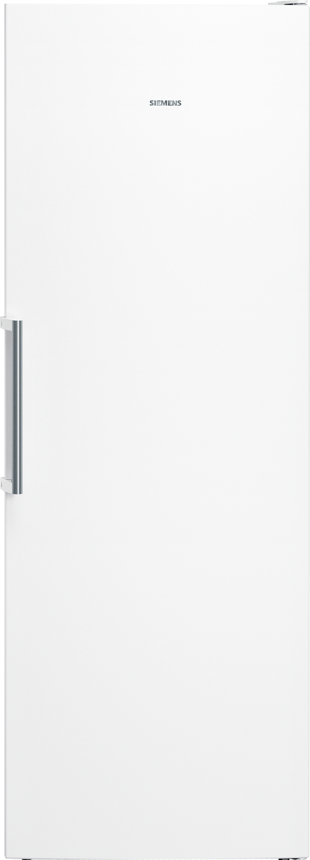Ein weißer Kühlschrank mit silbernem Griff, klares und schlichtes Design, steht vertikal.