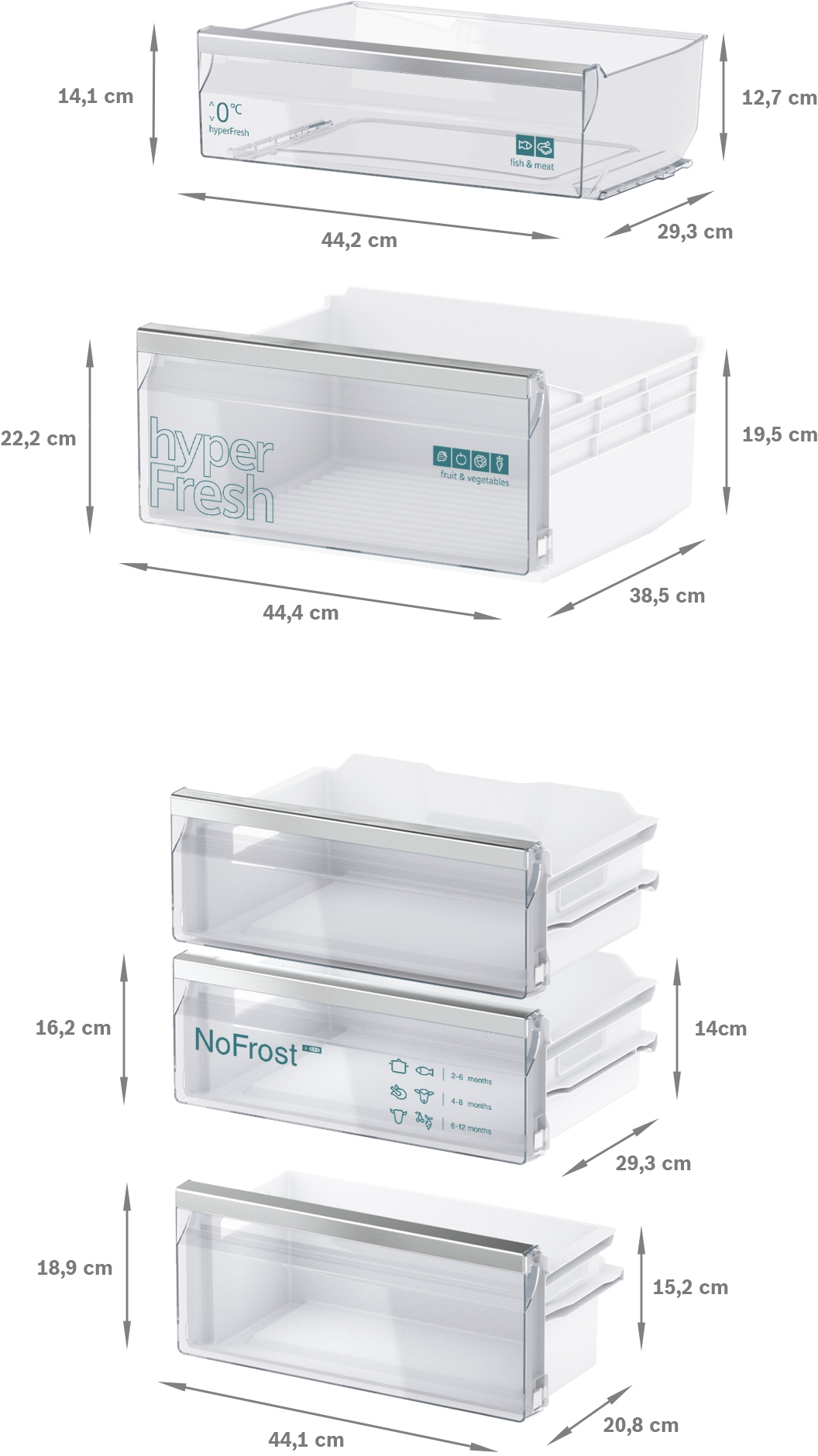 Drei transparente Kühlschubladen mit in cm beschrifteten Abmessungen, für hyperFresh und NoFrost.