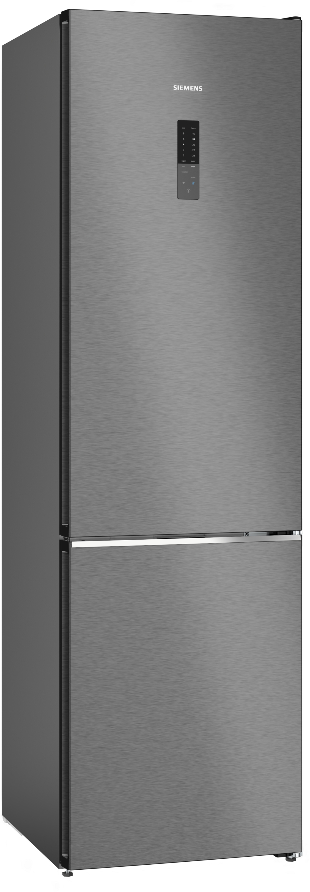 Dunkelgrauer Kühlschrank mit unterem Gefrierfach, Griff und digitaler Anzeige.