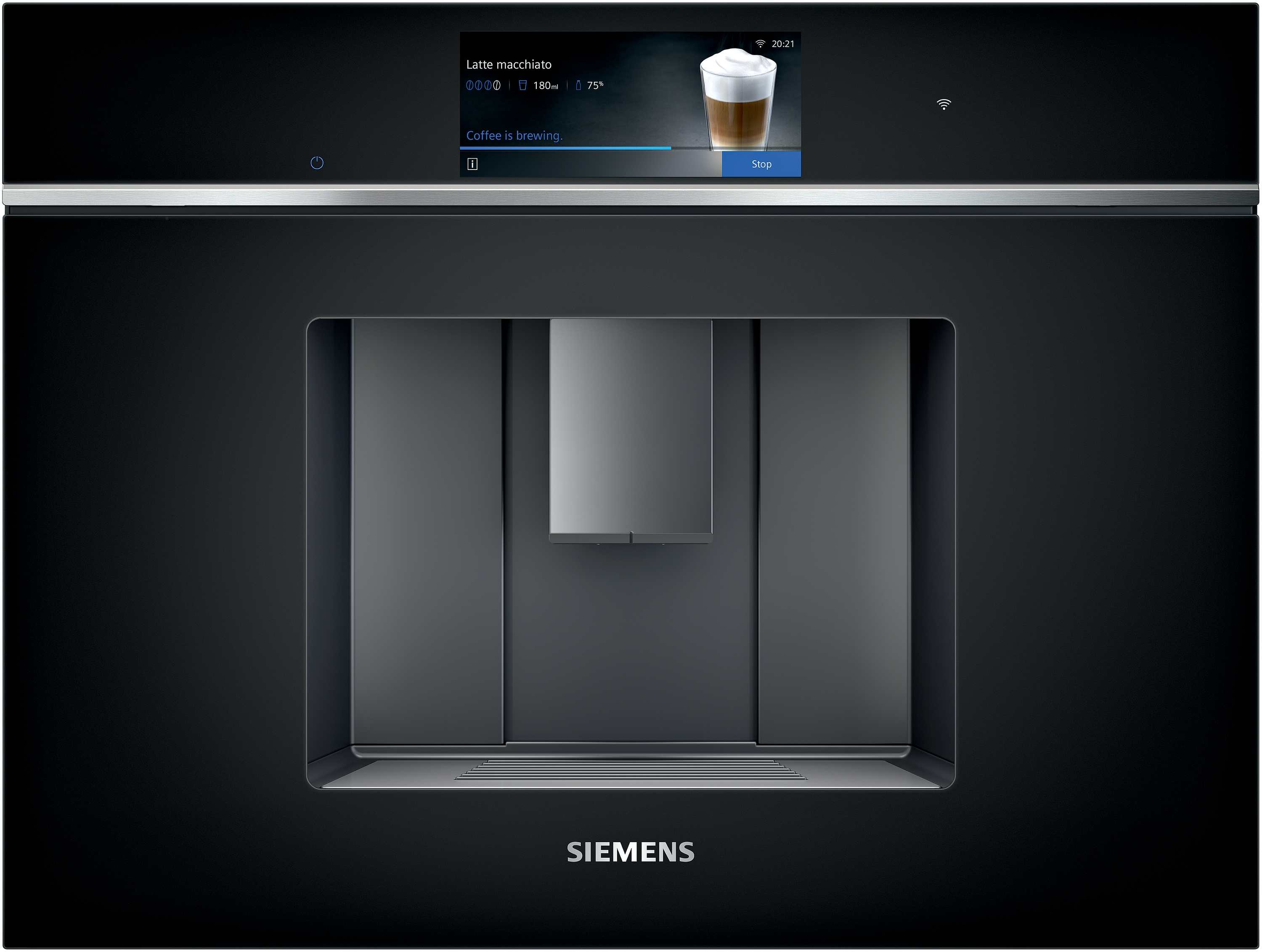 Schwarzer Einbau-Kaffeevollautomat. Bildschirm zeigt Latte Macchiato beim Brühen, mit Status- und Zeitanzeige.