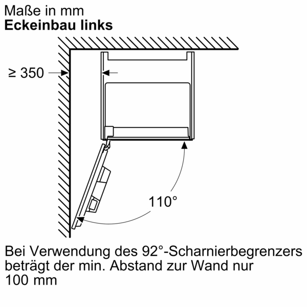 Diagramm zur Küchenschrankinstallation, mit Maßen und Winkeln.