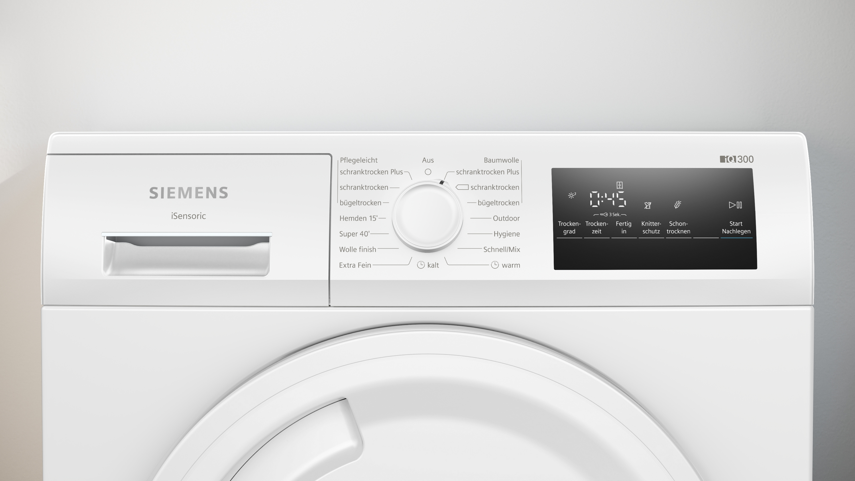 Weißes Waschmaschinen-Bedienfeld mit Digitalanzeige und Knöpfen. Siemens-Logo sichtbar.