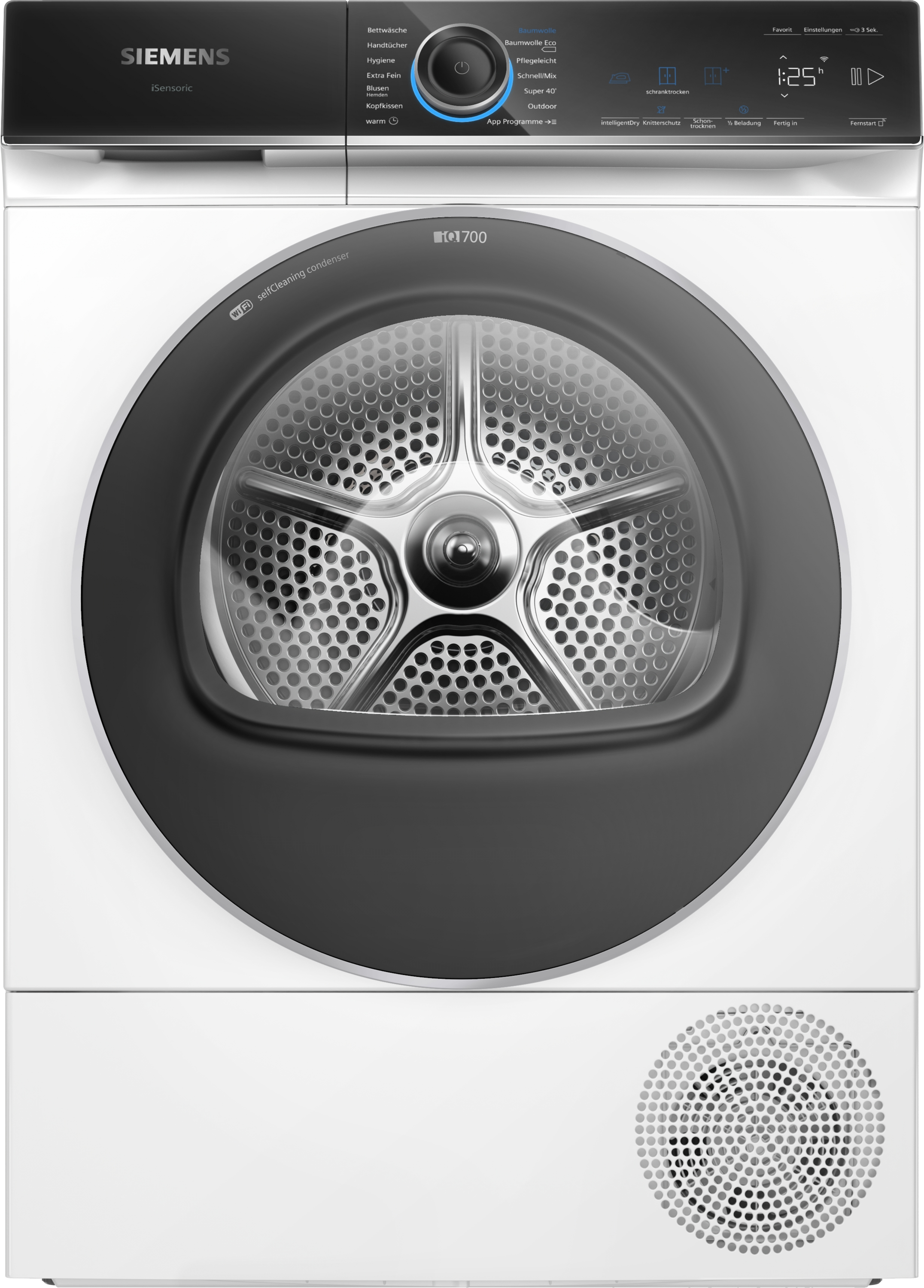 Weißer Siemens Trockner. Schwarze Tür mit rundem Fenster. Bedienfeld oben. Luftauslass unten.