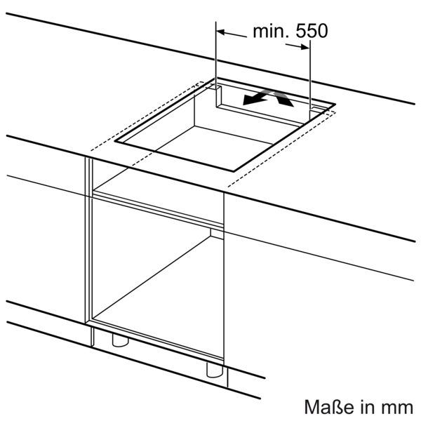 Ein Diagramm zeigt einen Ausschnitt in einer Arbeitsplatte, mit Pfeil und Messung von mindestens 550 mm.