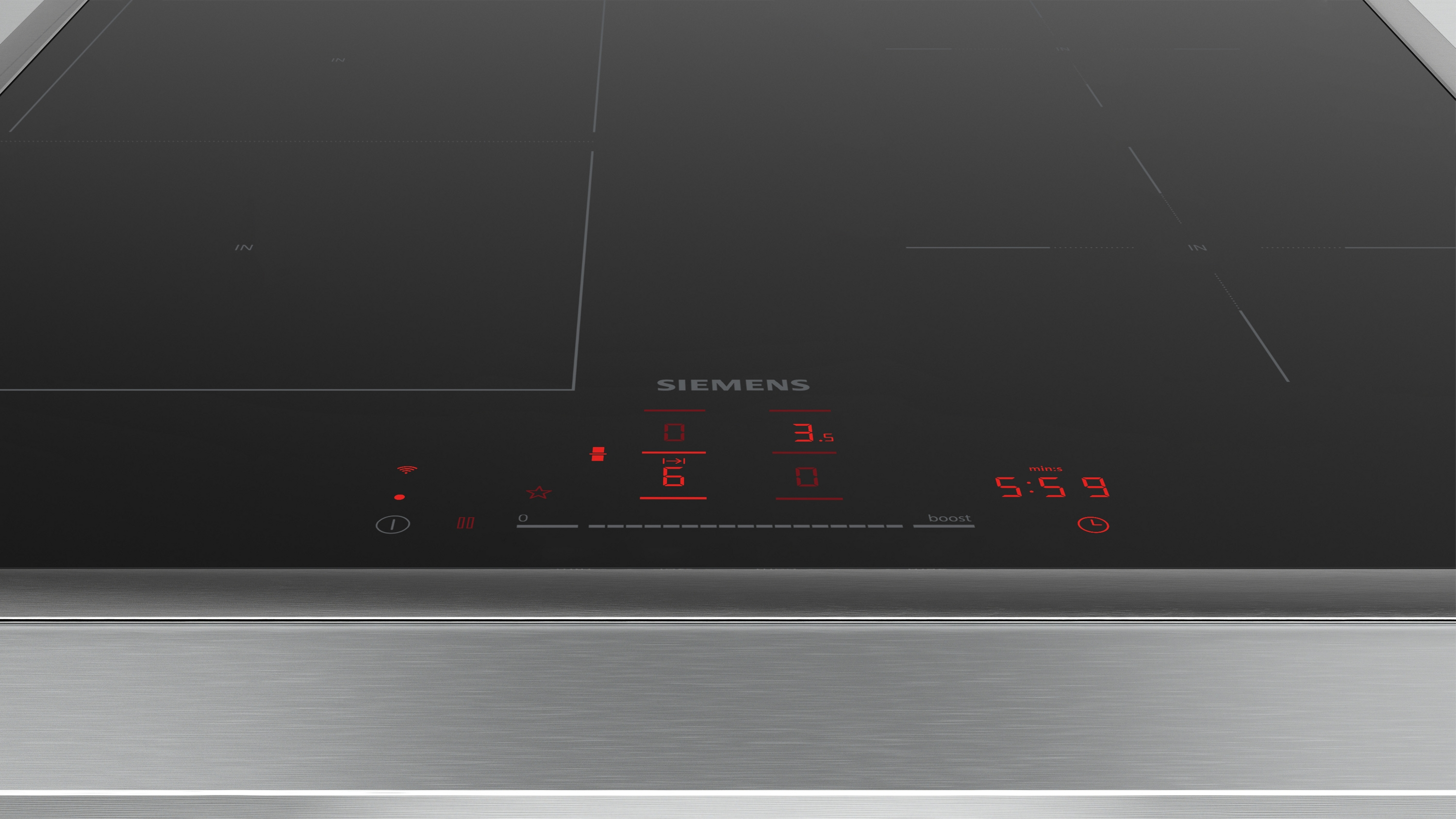 Schwarzes Kochfeld mit digitaler Steuerung. Beleuchtete Zahlen und Symbole. Schlankes Design.