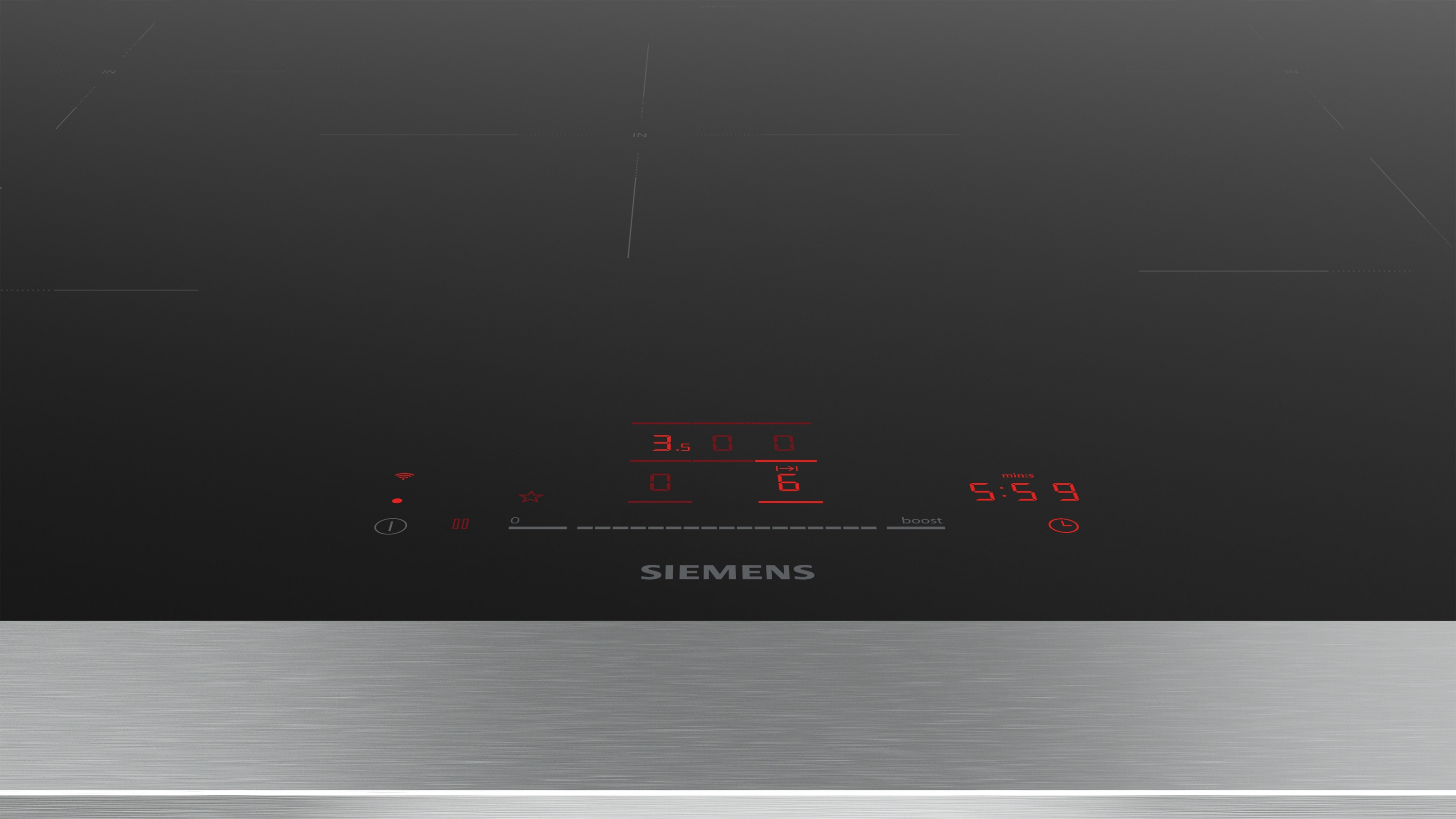Schwarzes Induktionskochfeld mit roter Digitalanzeige. Siemens-Logo unten.