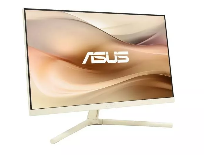 Monitor w kolorze kremowym z logo ASUS. Ekran wyświetla jasno-brązową i białą falę.