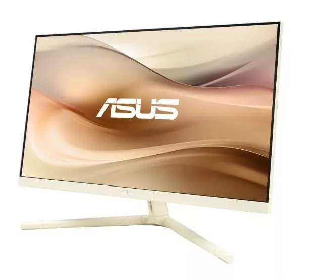 Kremowy monitor ASUS z zakrzywioną podstawą, pokazujący rozmyte tło.