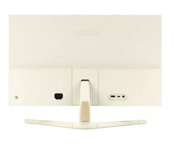 Widok z tyłu białego monitora komputera.