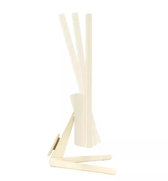 Kremowy monitor komputera ze stojakiem, pochylony do góry, na białym tle.