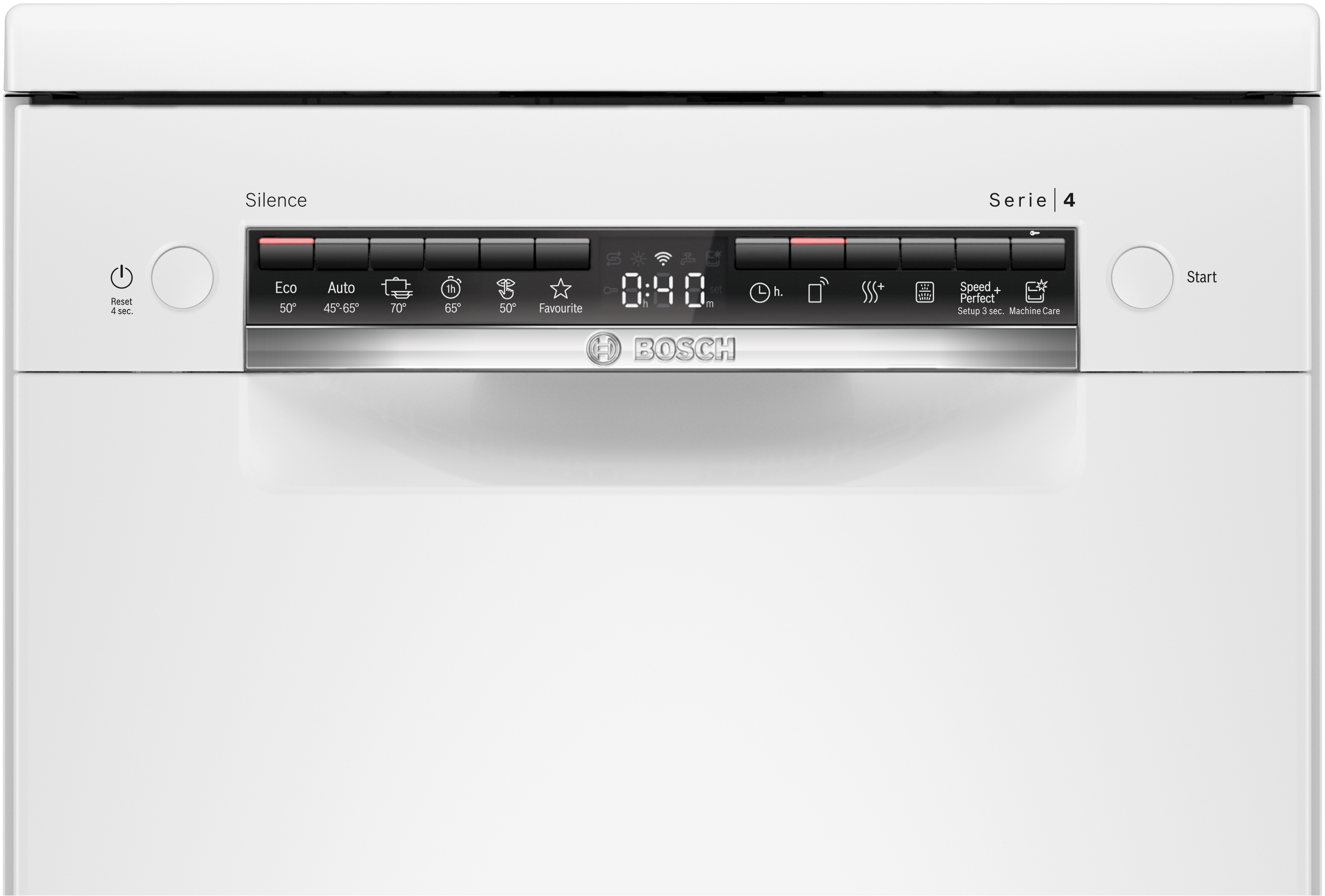 Ein weißes Geschirrspüler-Bedienfeld mit Tasten, einem Display mit '0:40' und dem Bosch-Logo.
