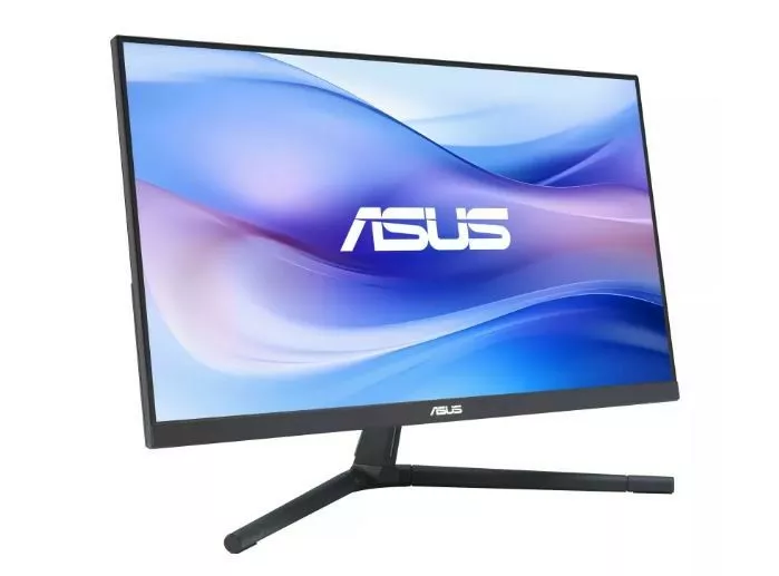 Monitor komputerowy ASUS. Czarna ramka, widok pod kątem, z niebieskim i fioletowym tłem.