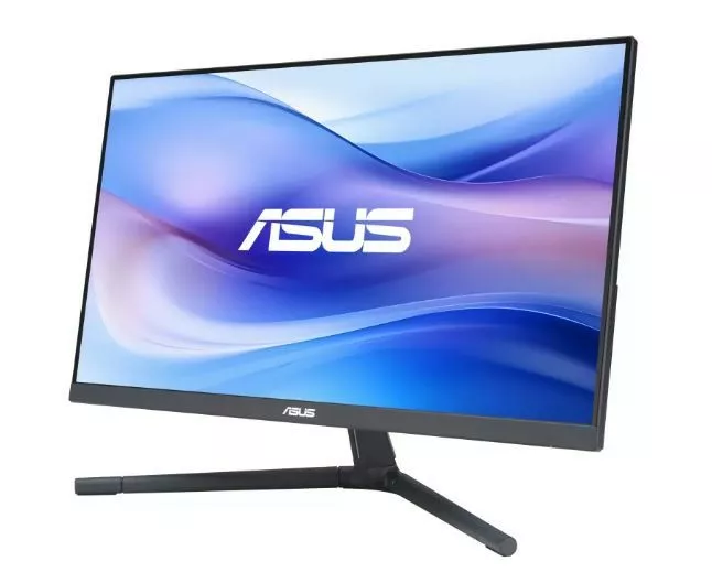 Monitor Asus z zakrzywionym ekranem, wyświetlający niebiesko-fioletową grafikę.