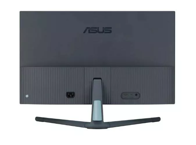 Tył ciemnoszarego monitora ASUS z portami i podstawką, na białym tle.