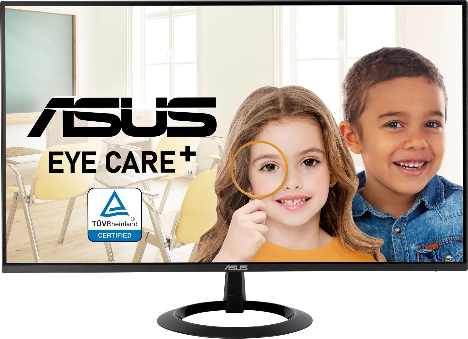 Monitor komputera z logo ASUS, dwójka dzieci i szkło powiększające nad okiem dziewczynki.