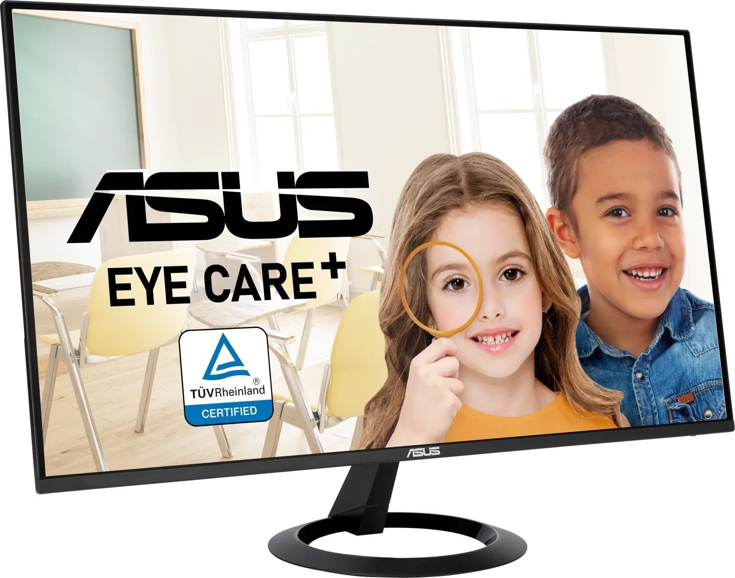 Monitor ASUS wyświetlający dwoje dzieci z lupą.