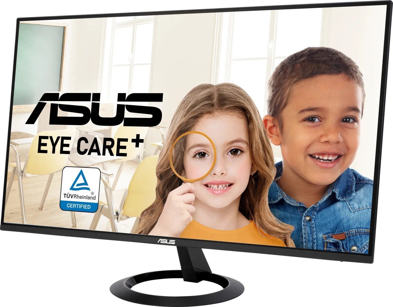 Monitor ASUS wyświetla dwoje dzieci. Monitor ma czarną podstawę i ramkę. Logo jest widoczne.