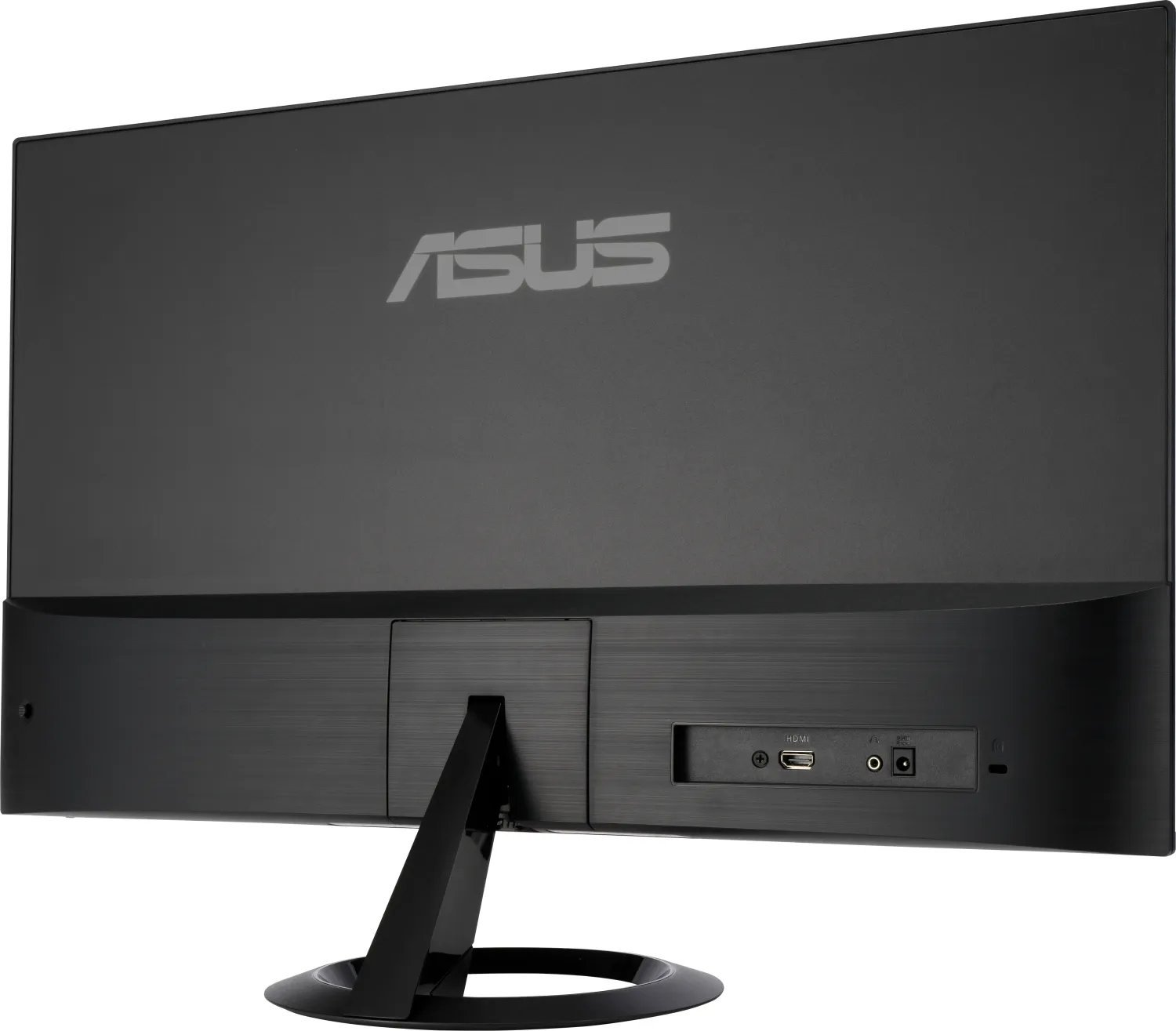 Tył czarnego monitora ASUS z logo marki i portami połączeniowymi.
