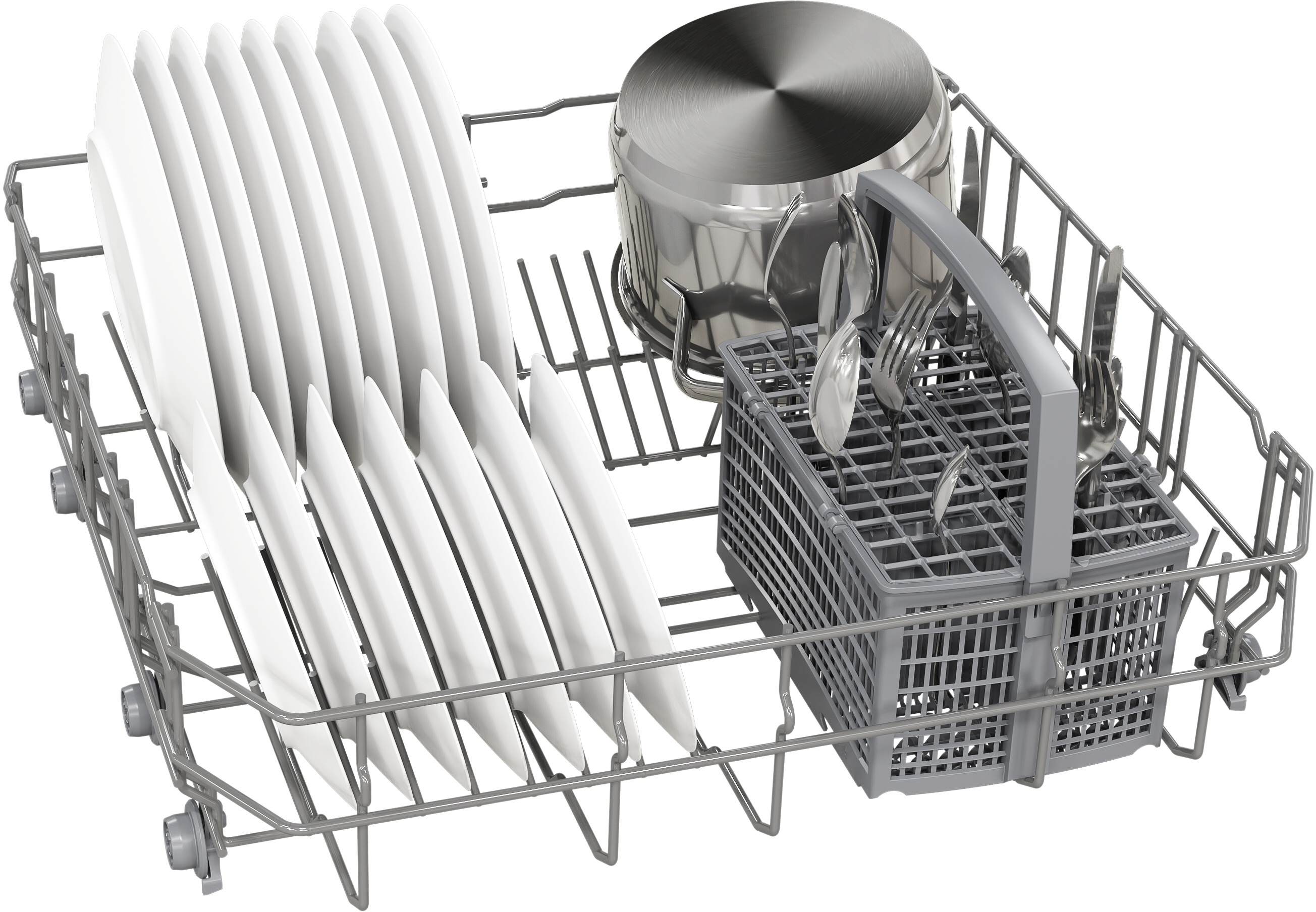 Dishwasher rack with white plates, pot, utensils, and a utensil basket. Gray metal construction on a white background.