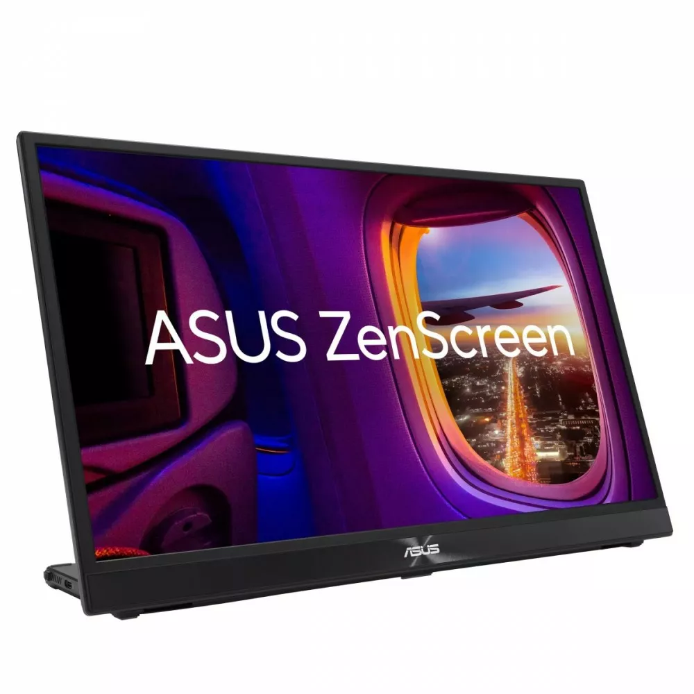 Czarny monitor ASUS ZenScreen wyświetlający kolorowy obraz samolotu nad światłami miasta.
