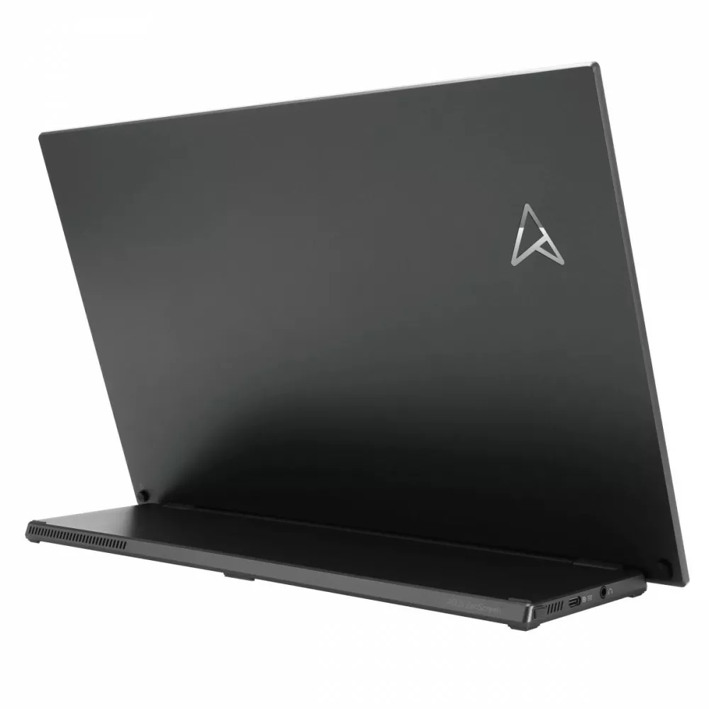 Czarny laptop, otwarty, pokazujący tył, z logo, oparty na powierzchni.
