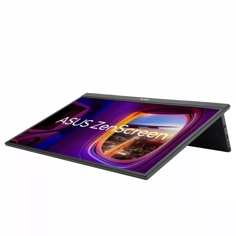 Czarny monitor ASUS ZenScreen, pod kątem, pokazujący odbicie panoramy miasta na ekranie.