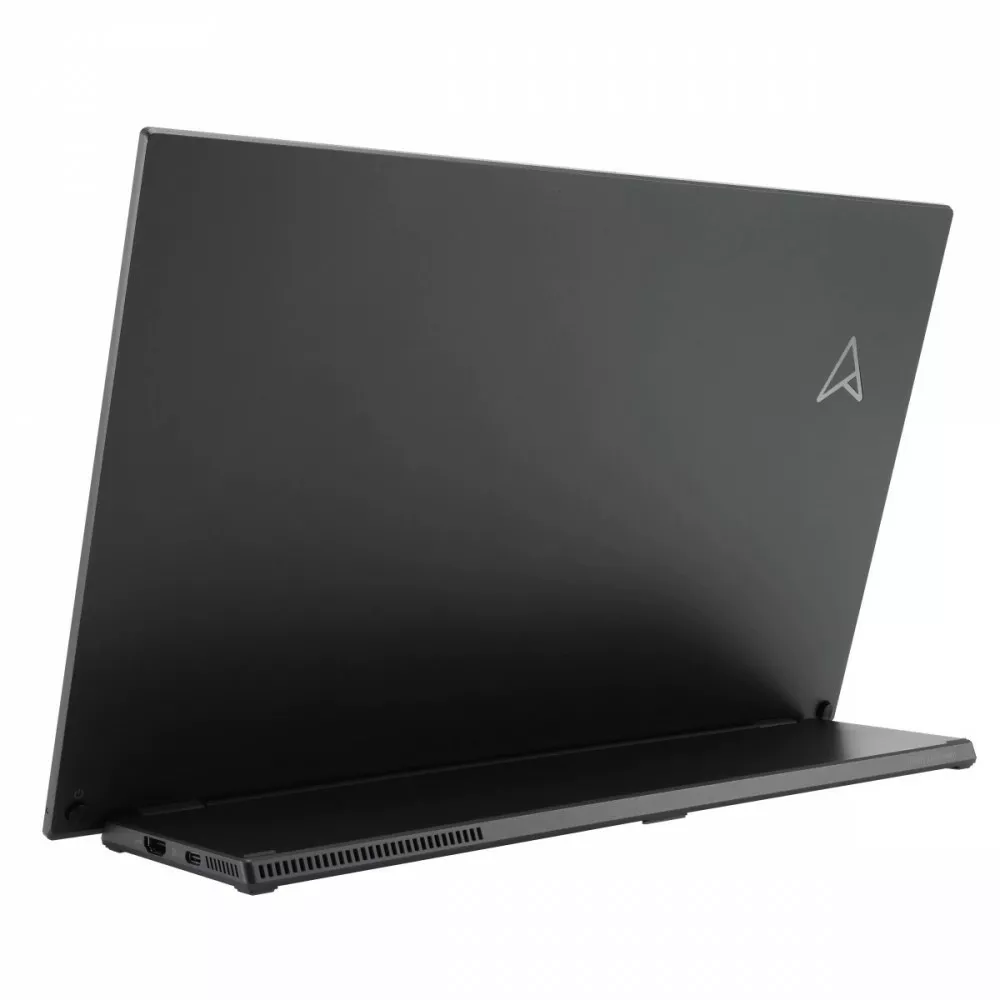 Czarny laptop z logo na pokrywie, otwarty pod kątem, na powierzchni.