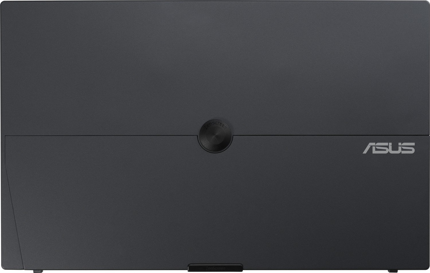 Ciemnoszary, prostokątny laptop ASUS, widok z góry, z okrągłym przyciskiem i logo ASUS.