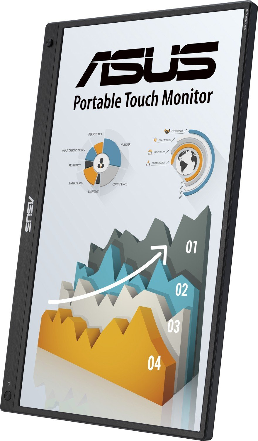 Przenośny monitor dotykowy Asus wyświetlający infografiki i dane.