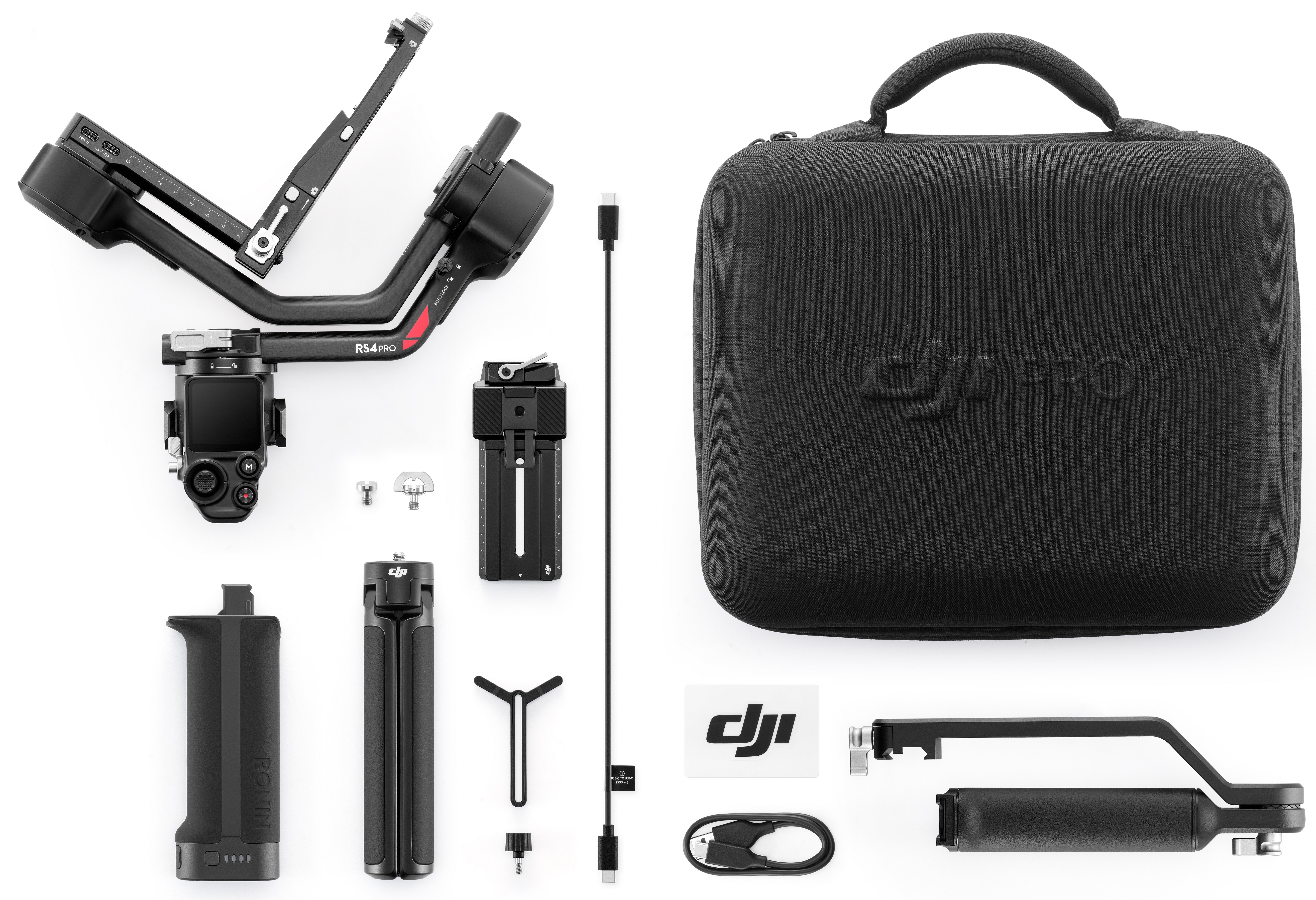 Gimbal DJI Ronin z akcesoriami, w tym etui, statywem i różnymi mocowaniami.